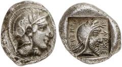 GRIECHISCHE MÜNZEN LYCIA. Kherei. AR-Stater, 430/410 v. Chr., Xanthos; 8,55 g. Athenakopf r. mit attischem Helm//In Incusum: Kopf r. mit Kyrbasia. Müseler VI, 27 f.; Vismara II, 169. RR Sehr schön/fas