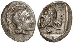 GRIECHISCHE MÜNZEN LYCIA. Kherei. AR-Drachme, 430/410 v. Chr., Tlos; 4,15 g. Athenakopf r. mit attischem Helm//In Incusum: Kopf l. mit Kyrbasia, davor Gerstenkorn. Müseler VI, 42 (dies Exemplar); Vism