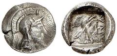 GRIECHISCHE MÜNZEN LYCIA. Kherei. AR-Hemiobol, 430/410 v. Chr.; 0,27 g. Athenakopf r. mit attischem Helm//In Incusum: Kopf r. mit Kyrbasia. Müseler -; Vismara II, 174. RR Gutes sehr schön Aus der Samm