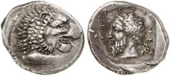GRIECHISCHE MÜNZEN LYCIA. Mithrapata. AR-Stater, 390/370 v. Chr.; 9,82 g. Löwenprotome r.//In Incusum: Bärtiger Kopf l., dahinter Triskelis. Mildenberg, Vestigia Leonis Tf. XXXIV, 3; Müseler VII, 66; 