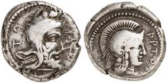 GRIECHISCHE MÜNZEN LYCIA. Artumpara. AR-Stater, um 370 v. Chr., Tlos; 7,63 g. Kopf r. mit Kyrbasia//Athenakopf r. mit attischem Helm. Müseler VIII, 32 (dies Exemplar). Von allergrößter Seltenheit. Sch