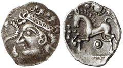 KELTISCHE MÜNZEN BRITANNIA. REGINI UND ATREBATES. ICENI (unbekannte Königin). AR-„Unit", Typ „Bury Diadem", 65/50 v. Chr.; 1,48 g. Frauenporträt li. mit herzförmigem Ohr, Diadem und kunstvoll gedrehte