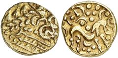KELTISCHE MÜNZEN BRITANNIA. ICENI. Esuprasto. -> CORIELTAVI. Esuprasu. CORIELTAVI. AV-Stater, Typ NO-Küste, 60/50 v. Chr.; 6,15 g. Stark stilisierter Apollokopf r.//Stilisiertes Pferd r., oben die Arm