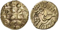 KELTISCHE MÜNZEN BRITANNIA. ICENI. Esuprasto. -> CORIELTAVI. Esuprasu. CORIELTAVI. Volisios Dumnocoveros, um 35-40 n. Chr. AV-Stater; 5,08 g. Vertikaler Kranz gekreuzt von einem Band mit zweizeiliger 