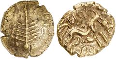 KELTISCHE MÜNZEN BRITANNIA. ICENI. Esuprasto. -> CORIELTAVI. Esuprasu. DOBUNNI. Eisu, um 20-43 n. Chr (?). AV-Stater, 15/30; 5,07 g. Stilisierter Baum mit Kugel-Wurzel/Keltisiertes Pferd r., oben EISV