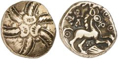 KELTISCHE MÜNZEN BRITANNIA. DOBUNNI. Anted (um 20-43 n. Chr.) -> ICENI. Antedios, 10-30/43 (?) n. Chr. CATUVELLAUNI. Addedomarus, um 45-25 v. Chr. AV-Stater, Typ Spirale; 5,41 g. Sechsflügelige Kranzs