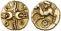 KELTISCHE MÜNZEN BRITANNIA. DOBUNNI. Anted (um 20-43 n. Chr.) -> ICENI. Antedios, 10-30/43 (?) n. Chr. CATUVELLAUNI. Andoco, um 20-1 v. Chr. AV-1/4 Stater; 1,34 g. Zwei sich kreuzende Kranz-Motive mit