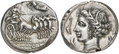 GRIECHISCHE MÜNZEN SICILIA. PUNIER. AR-Tetradrachme, 350/300 v. Chr., Rasch Melqart (= Kephaloidion ?); 17,09 g. Quadriga r., Nike bekränzt Lenker//Weiblicher Kopf l., von vier Delphinen umgeben. Jenk