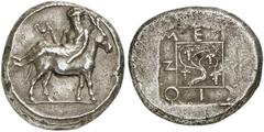 GRIECHISCHE MÜNZEN MACEDONIA. MENDE. AR-Tetradrachme, 460/423 v. Chr.; 17,05 g. Dionysos mit Kantharos auf Esel r.//In Incusum: Weinstock. Noë, The Mende (Kaliandra) Hoard 70, Tf. VII, 70 (dies Exempl