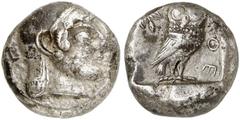 GRIECHISCHE MÜNZEN ATTICA. ATHEN. AR-Tetradrachme, vor 500 v. Chr.; 17,32 g. Athenakopf r. mit attischem Helm//In Incusum: Eule r., dahinter Olivenzweig. Seltman Gruppe L. Außergewöhnlich gut zentrier