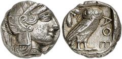 GRIECHISCHE MÜNZEN ATTICA. ATHEN. AR-Tetradrachme, um 420/405 v. Chr.; 16,70 g. Athenakopf r. mit attischem Helm//In Incusum: Eule r., dahinter Olivenzweig und Mondsichel. Flament Gruppe III. Etwas ko