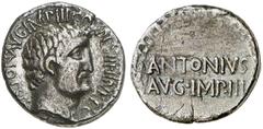 RÖMISCHE MÜNZEN IMPERATORISCHE PRÄGUNGEN. Marcus Antonius, † 30 v. Chr. AR-Denar, 32 v. Chr., Athen; 3,70 g. Kopf r.//ANTONIVS/AVG IMP III. Bab. 96; BMC 177; Crawf. 542/2; Sear 347; Syd. 1209. Feine P