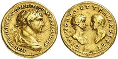 RÖMISCHE MÜNZEN MÜNZEN DER RÖMISCHEN KAISERZEIT. Traianus, 98-117. - mit Divus Nerva und Divus Traianus Pater. AV-Aureus, 112/113, Rom; 7,22 g. Drapierte Büste r. mit Lorbeerkranz//Beider Büsten einan