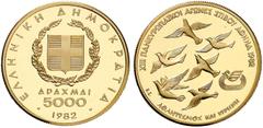 EUROPÄISCHE GOLDMÜNZEN UND -MEDAILLEN GRIECHENLAND. Republik. 5.000 Drachmen 1982. XIII. Leichtathletik-Europameisterschaften in Athen 1982 (3. Ausgabe) - Friedenstauben. 11,25 g Feingold. Fb. 27; Sch