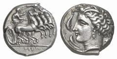 GRIECHISCHE MÜNZEN (GREEK COINS) SICILIA PUNIER. AR-Tetradrachme, 350/300 v. Chr., Rasch Melqart (= Kephaloidion?); 17.20 g. Quadriga r., Nike bekränzt Lenker//Persephonekopf l., von 3 Delphinen umgeb
