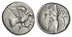 GRIECHISCHE MÜNZEN (GREEK COINS) PELOPONNESUS ELIS. OLYMPIA. AR-Drachme, 245/210 v. Chr.; 4.75 g. Adler r. auf Hasen//Blitz. BMC vergl. 135; Slg. BCD 235 (stempelgleich). Sehr schönes Exemplar Estimat