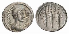 RÖMISCHE MÜNZEN (ROMAN COINS) MÜNZEN DER RÖMISCHEN REPUBLIK AR-Denar, 43 v. Chr., Rom, P. Accoleius Lariscolus; 3,68 g. Kopf der Diana Nemorensis r.//Dreifache Kultstatue der Diana Nemorensis v. v. (D