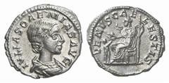 RÖMISCHE MÜNZEN (ROMAN COINS) MÜNZEN DER RÖMISCHEN KAISERZEIT Antoninus IV. Elagabal, 218-222 für Julia Soaemias. AR-Denar, Rom; 2.31 g. Drapierte Büste r.//Venus sitzt l. mit Apfel und Zepter, davor 
