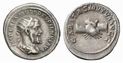 RÖMISCHE MÜNZEN (ROMAN COINS) MÜNZEN DER RÖMISCHEN KAISERZEIT Pupienus, 238. AR-Antoninian, Rom; 4.84 g. Drapierte Büste r. mit Strahlenbinde//Handschlag. BMC 80; Coh. 4; RIC 10 a. Sehr schön Estimate