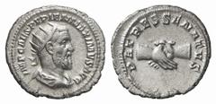 RÖMISCHE MÜNZEN (ROMAN COINS) MÜNZEN DER RÖMISCHEN KAISERZEIT Pupienus, 238. AR-Antoninian, Rom; 4.27 g. Drapierte Büste r. mit Strahlenbinde//Handschlag. BMC 92; Coh. 21; RIC 11 b. Sehr schön Estimat