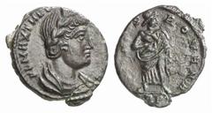 RÖMISCHE MÜNZEN (ROMAN COINS) MÜNZEN DER RÖMISCHEN KAISERZEIT Constantius II., 337-361 für Theodora. Æ-Follis, 338, Treveri; 1.62 g. Drapierte Büste r.//Pietas steht v. v. mit zwei Kindern. RIC vergl.