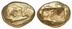 GRIECHISCHE MÜNZEN (GREEK COINS) LYDIA Kroisos, 561-546 v. Chr. AV-Stater (leichter Standard), Sardeis; 8.01 g. Löwen- und Stierprotome einander gegenüber//Zwei Incusa. SNG v. Aulock 2875. RR Sehr sch