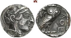GRIECHISCHE MÜNZEN ATTICA. ATHEN. AR-Tetradrachme, um 420/405 v. Chr.; 17,12 g. Athenakopf r. mit attischem Helm//In Incusum: Eule r., dahinter Olivenzweig und Mondsichel. Flament Gruppe III. Herrlich