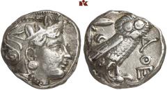 GRIECHISCHE MÜNZEN ATTICA. ATHEN. AR-Tetradrachme, um 286/267 v. Chr.; 17,12 g. Athenakopf r. mit attischem Helm//Eule r., dahinter Olivenzweig und Mondsichel. Flament S. 133, style quadridigité. Sehr