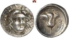 GRIECHISCHE MÜNZEN CARIA. RHODOS. AR-Tetradrachme, 230/205 v. Chr., Magistrat Eukrates; 13,48 g. Helioskopf fast v. v.//Rose, l. Blitz. Ashton, The Coinage of Rhodes 214; SNG Keckman 547. Feine Tönung