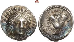 GRIECHISCHE MÜNZEN CARIA. RHODOS. AR-Didrachme, 230/205 v. Chr., Magistrat Eukrates; 6,69 g. Helioskopf fast v. v.//Rose, l. Anker. Ashton, The Coinage of Rhodes 220; SNG Keckman 549. Feine Tönung, kl
