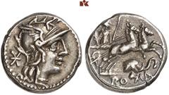 RÖMISCHE MÜNZEN MÜNZEN DER RÖMISCHEN REPUBLIK. AR-Denar, 128 v. Chr., Rom, L. Caecilius Metellus Diadematus (?); 3,94 g. Romakopf r. mit geflügeltem Helm//Göttin in Biga r. mit Zepter und Zweig, darun