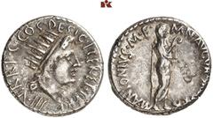 RÖMISCHE MÜNZEN IMPERATORISCHE PRÄGUNGEN. Marcus Antonius, † 30 v. Chr. AR-Denar, 38 v. Chr., Athen; 3,87 g. Marcus Antonius steht r. als Augur//Solkopf r. Bab. 80; BMC 141; Crawf. 533/2; Sear 267; Sy