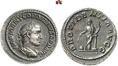 RÖMISCHE MÜNZEN MÜNZEN DER RÖMISCHEN KAISERZEIT. Gordianus II. Africanus, 238. AR-Denar, Rom; 3,22 g. Drapierte Büste r. mit Lorbeer- kranz//Providentia steht l. mit Stab und Füllhorn an Säule gelehnt