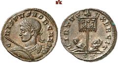 RÖMISCHE MÜNZEN MÜNZEN DER RÖMISCHEN KAISERZEIT. Constantinus I., 306-337. - für Crispus. Æ-Follis, 319/320, Ticinum, 2. Offizin; Gepanzerte Büste l. mit Lorbeerkranz, Speer und Schild// Standarte, da