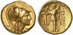 GRIECHISCHE MÜNZEN (GREEK COINS) MACEDONIA KÖNIGREICH. Alexander III., 336-323 v. Chr. AV-Stater, 330/320 v. Chr., Amphipolis; 8.57 g. Athenakopf r. in korinthischem Helm//Nike steht l. mit Kranz und 