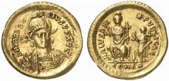 RÖMISCHE MÜNZEN (ROMAN COINS) MÜNZEN DER RÖMISCHEN KAISERZEIT Theodosius II., 408-450. AV-Solidus, 425, Constantinopolis; 4.30 g. Gepanzerte Büste v. v. mit Helm, Speer und Schild//Theodosius sitzt v.