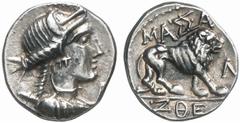 GRIECHISCHE MÜNZEN (GREEK COINS) GALLIA MASSALIA. AR-Tetrobol, 121/82 v. Chr.; 2.73 g. Drapierte Büste der Artemis r., über der Schulter Köcher//Löwe r. Depeyrot 55/26. Gutes sehr schön Estimate: 125 