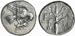GRIECHISCHE MÜNZEN (GREEK COINS) PELOPONNESUS ELIS. OLYMPIA. AR-Drachme, 245/210 v. Chr.; 4.65 g. Adler r. auf Hasen//Blitz. BMC vergl. 135; Slg. BCD 250 (stempelgleich). Sehr schönes Exemplar Estimat