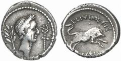 RÖMISCHE MÜNZEN (ROMAN COINS) IMPERATORISCHE PRÄGUNGEN C. Julius Caesar, † 44 v. Chr. AR-Denar, 42 v. Chr., Rom, L. Livineius Regulus; 3,74 g. Kopf Caesars r. mit Kranz, dahinter Lorbeerzweig, davor C