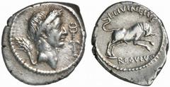 RÖMISCHE MÜNZEN (ROMAN COINS) IMPERATORISCHE PRÄGUNGEN C. Julius Caesar, † 44 v. Chr. AR-Denar, 42 v. Chr., Rom, L. Livineius Regulus; 3,96 g. Kopf Caesars r. mit Kranz, dahinter Lorbeerzweig, davor C