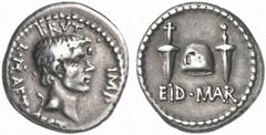 RÖMISCHE MÜNZEN (ROMAN COINS) IMPERATORISCHE PRÄGUNGEN M. Iunius Brutus. AR-Denar, 42 v. Chr., Lagermünzstätte in Kleinasien oder Nordgriechenland, L. Plaetorius Cestianus; 3,59 g. Kopf des Brutus r.,