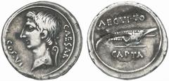 RÖMISCHE MÜNZEN (ROMAN COINS) MÜNZEN DER RÖMISCHEN KAISERZEIT Augustus, 30 v.-14 n. Chr. AR-Denar, 28 v. Chr., italische Münzstätte; 2.83 g. Kopf l., dahinter Lituus//AEGYPTO/CAPTA Krokodil r. BMC 652
