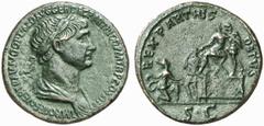 RÖMISCHE MÜNZEN (ROMAN COINS) MÜNZEN DER RÖMISCHEN KAISERZEIT Traianus, 98-117. Æ-Sesterz, 116/117, Rom; 25.16 g. Drapierte Büste r. mit Lorbeerkranz//Traian sitzt l. auf Plattform und bekränzt Partha