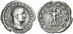 RÖMISCHE MÜNZEN (ROMAN COINS) MÜNZEN DER RÖMISCHEN KAISERZEIT Gordianus II. Africanus, 238. AR-Denar, Rom; 2.88 g. Drapierte Büste r. mit Lorbeerkranz//Victoria geht l. mit Kranz und Palmzweig. BMC 28