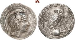 DIE SAMMLUNG DR. W. R., TEIL 3 ATTICA. ATHEN. AR-Tetradrachme, 140/139 v. Chr.; 16,79 g. Athenakopf r. mit attischem Helm//In Kranz: Eule auf Amphore v. v., r. Aphlaston. Thompson 247 ff. var. Min. ko
