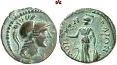 DIE SAMMLUNG DR. W. R., TEIL 3 ATTICA. ATHEN. Æs, 264/267; 5,11 g. Athenakopf r. mit korinthischem Helm//Athena Parthenos steht l. mit Nike, Speer und Schild. Kroll/Walker 290. Grüne Patina, sehr schö