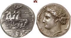 GRIECHISCHE MÜNZEN SICILIA. SYRAKUS. AR-Dekadrachme, 400/370 v. Chr., signiert von Euainetos; 43,03 g. Quadriga im Galopp l., der Lenker, von fliegender Nike bekränzt, streckt den Treibstab weit vor; 