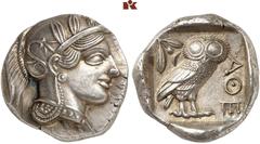 GRIECHISCHE MÜNZEN ATTICA. ATHEN. AR-Tetradrachme, um 420/405 v. Chr.; 17,15 g. Athenakopf r. mit attischem Helm//In Incusum: Eule r., dahinter Olivenzweig und Mondsichel. Flament Gruppe III. Herrlich