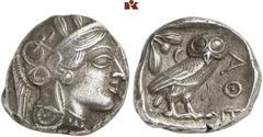 GRIECHISCHE MÜNZEN ATTICA. ATHEN. AR-Tetradrachme, um 420/405 v. Chr.; 16,94 g. Athenakopf r. mit attischem Helm//In Incusum: Eule r., dahinter Olivenzweig und Mondsichel. Flament Gruppe III. Unregelm