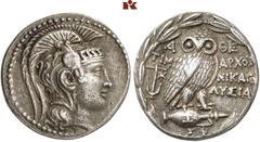 GRIECHISCHE MÜNZEN ATTICA. ATHEN. AR-Tetradrachme, Posideon (= Dezember/Januar) 134/133 v. Chr.; 16,65 g. Athenakopf r. mit attischem Helm//In Kranz: Eule auf Amphore mit Z v. v., l. Anker und Stern. 